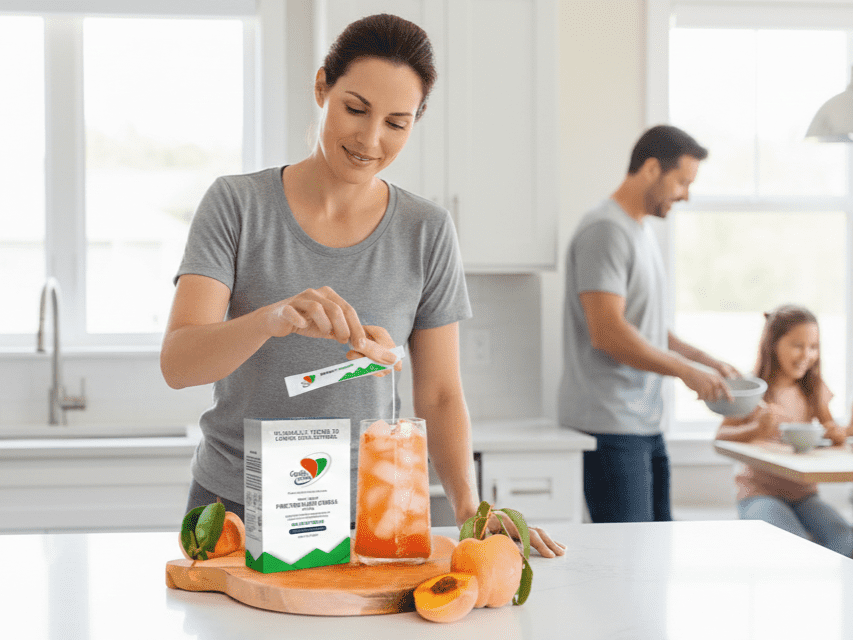 Woman in a bright kitchen pouring a CardioSmile sachet into an iced orange drink, with the CardioSmile box and peaches on a wooden board; a man and child are blurred in the background.